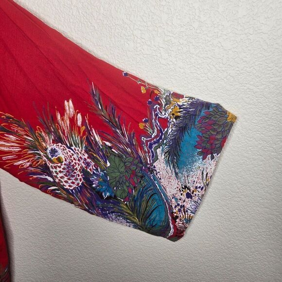Vintage Sue Starr Hand Made Red Kimono Vibrant Peacock Pattern One Size - Picture 3 of 8